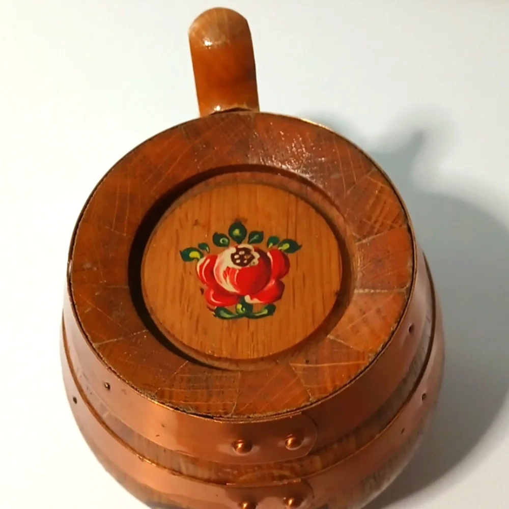 Handmade Vintage MCM Wooden Barrel Mug with Floral Design And Copper Trim
